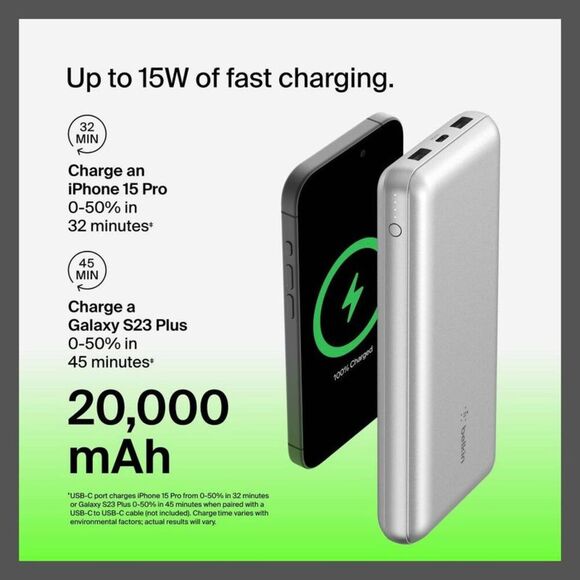 Open Box - Belkin - 20000mAh Power Bank 15W USB-A + USB-C - Sil Silver - Picture 3 of 13